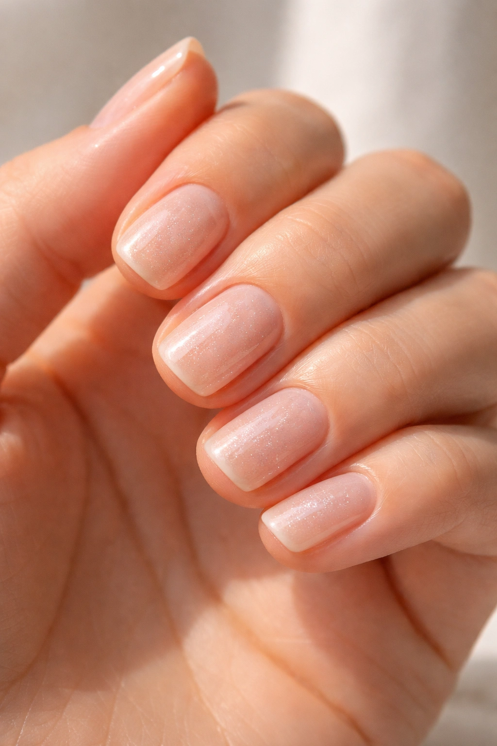 Close-up of barely-there clear nails with a subtle shimmer on short squoval nails