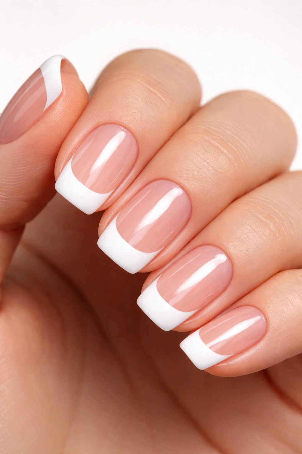 Close-up of clear squoval nails with white tips showing natural nail beneath