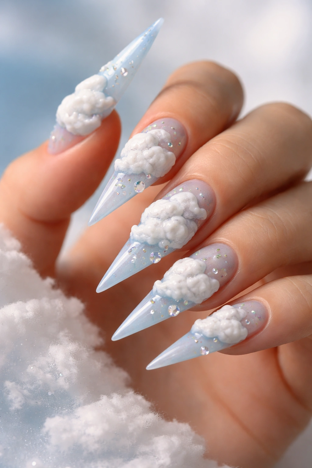 3D sculpted cloud nails on blue gradient base.