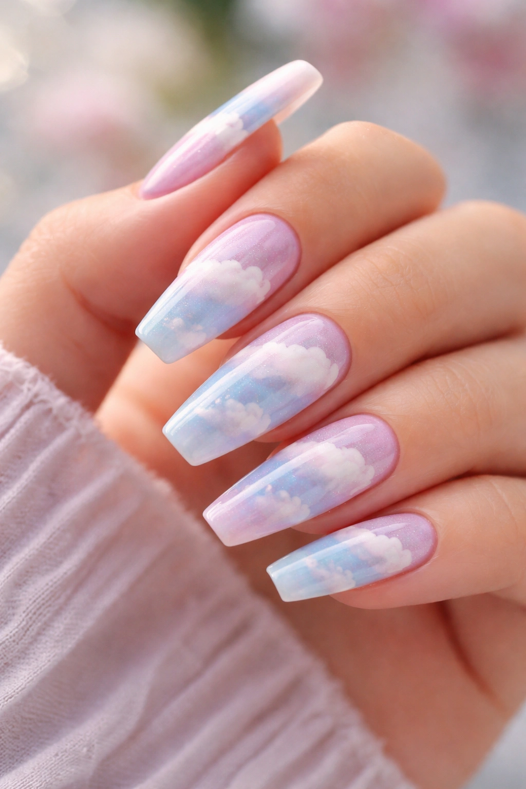 Close-up of pastel nails with white cloud patterns