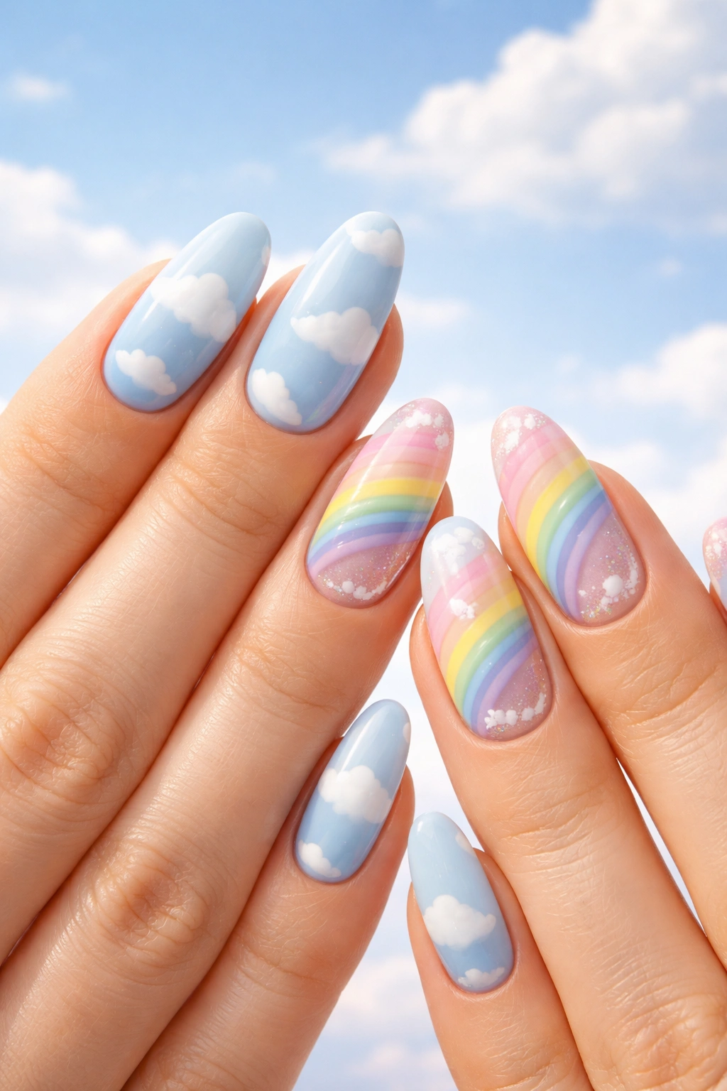 Close-up of nails with cloud designs and a rainbow on pastel blue background