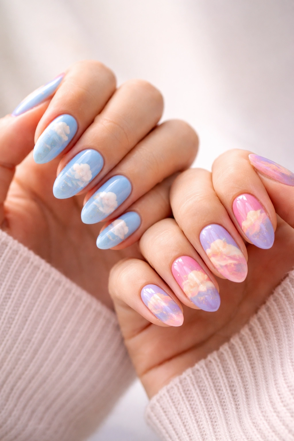 Two hands with cloud-themed nails in blue and coral sunset tones