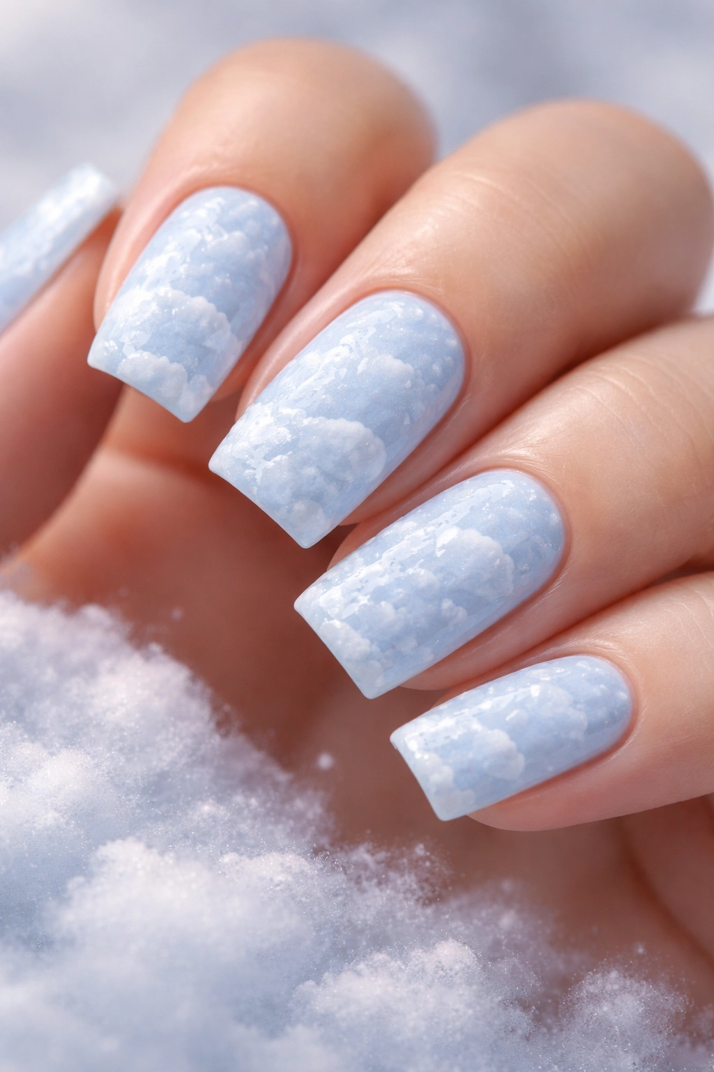 Nails with blue cloud-texture finish showing dimensional surface.