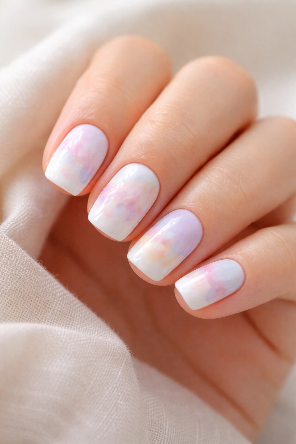 Close-up of cloud white squoval nails with soft watercolor pastel design