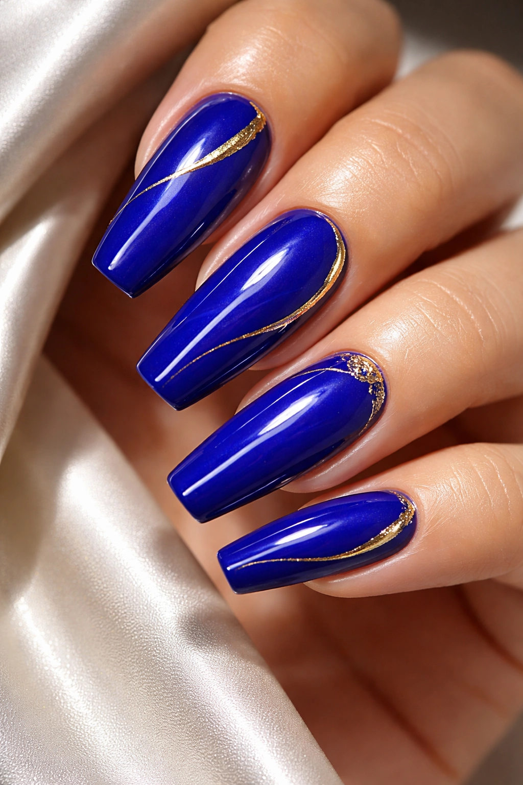 Cobalt blue acrylic nails with gold foil accents