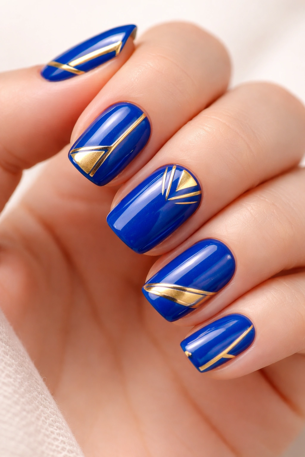 Close-up of short squoval nails in bright cobalt with gold geometric shapes