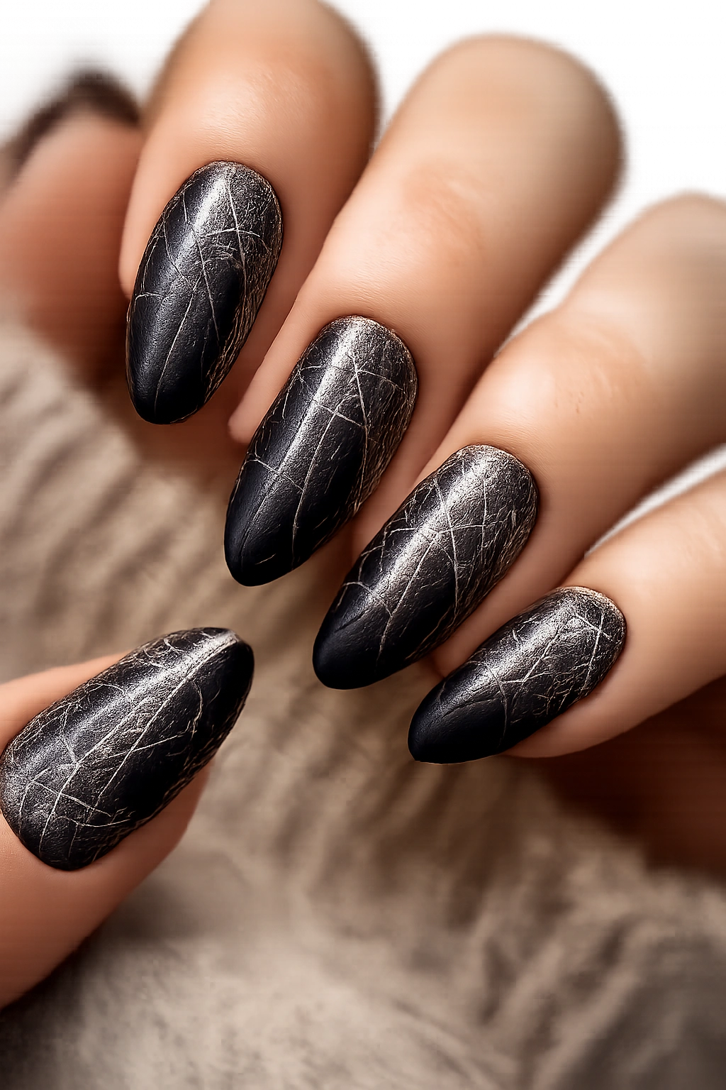 Almond nails with white cobweb pattern and tiny spiders on a dark background
