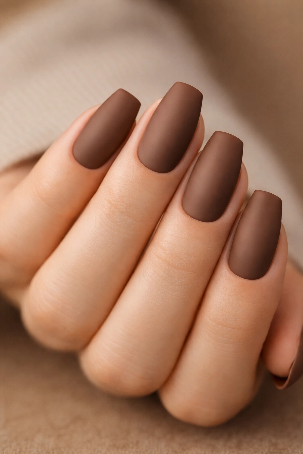 Close-up of cocoa brown matte nails with no accent nails.
