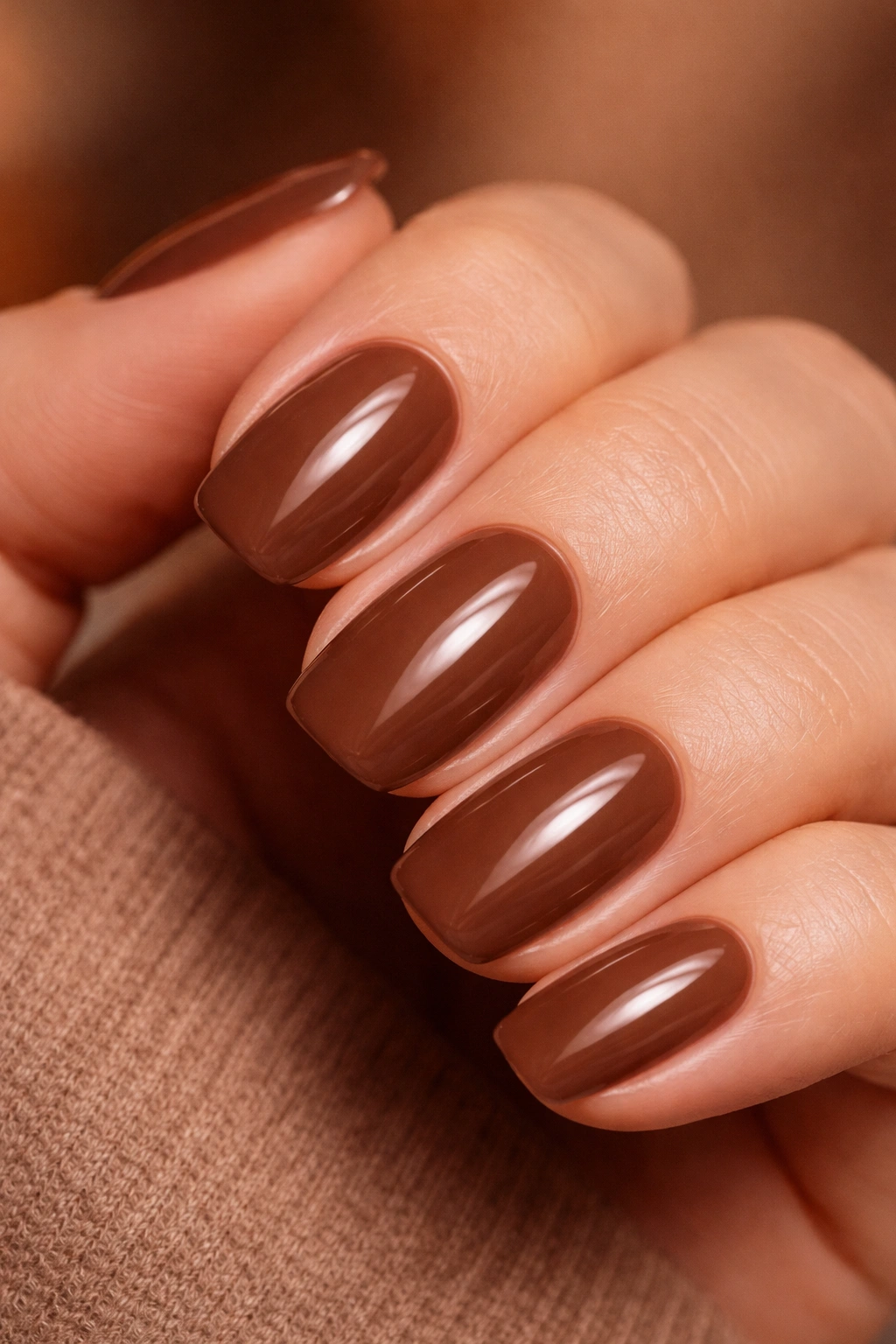 Close-up cocoa brown nails with warm undertones