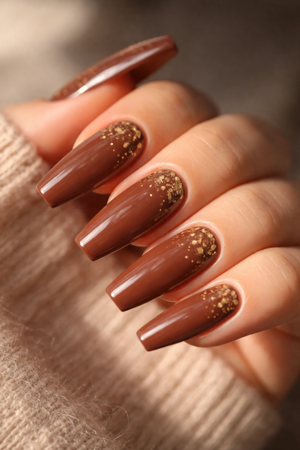Cocoa brown nails with tiny gold foil flecks and glossy finish
