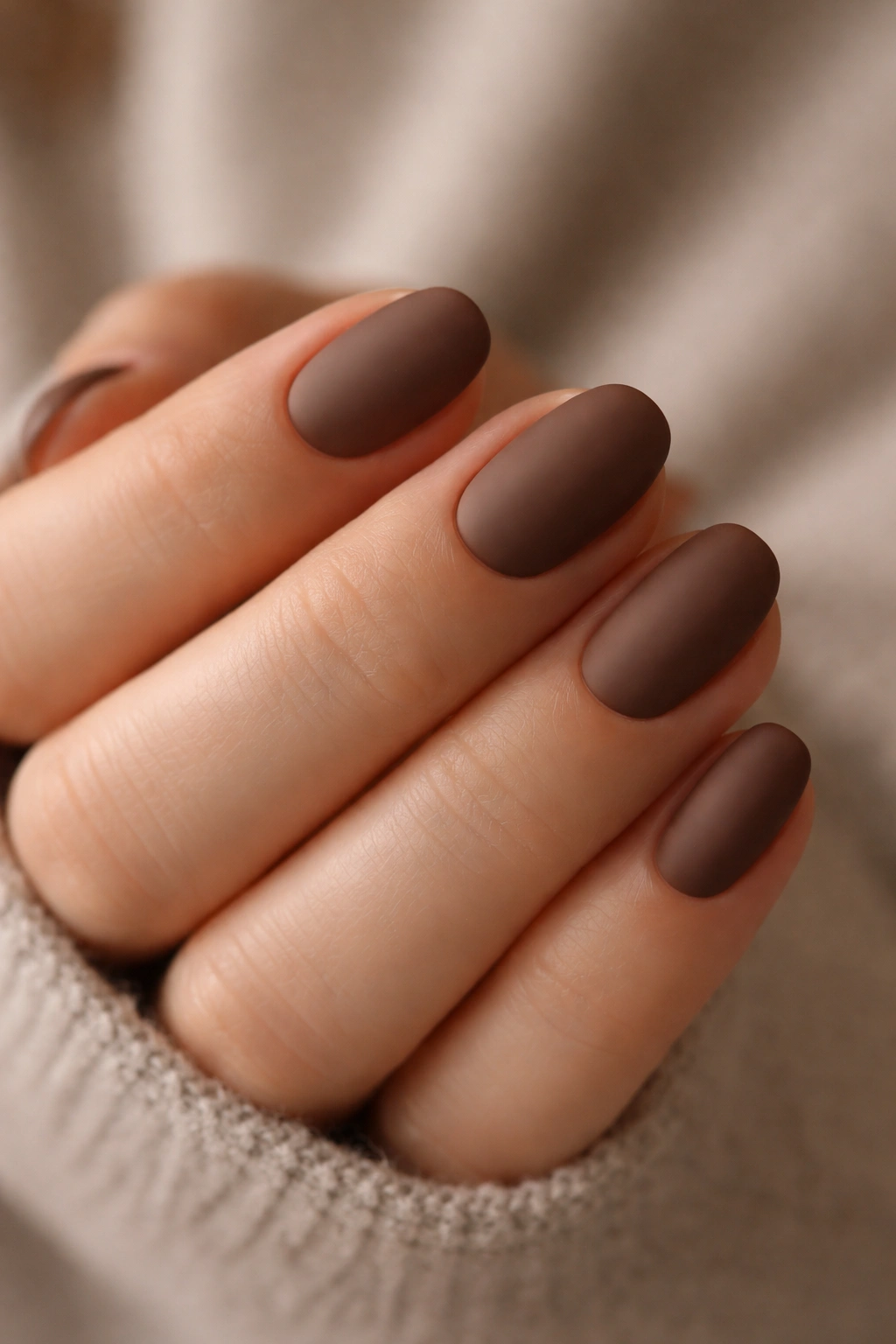 Close-up of short oval cocoa brown nails with matte finish
