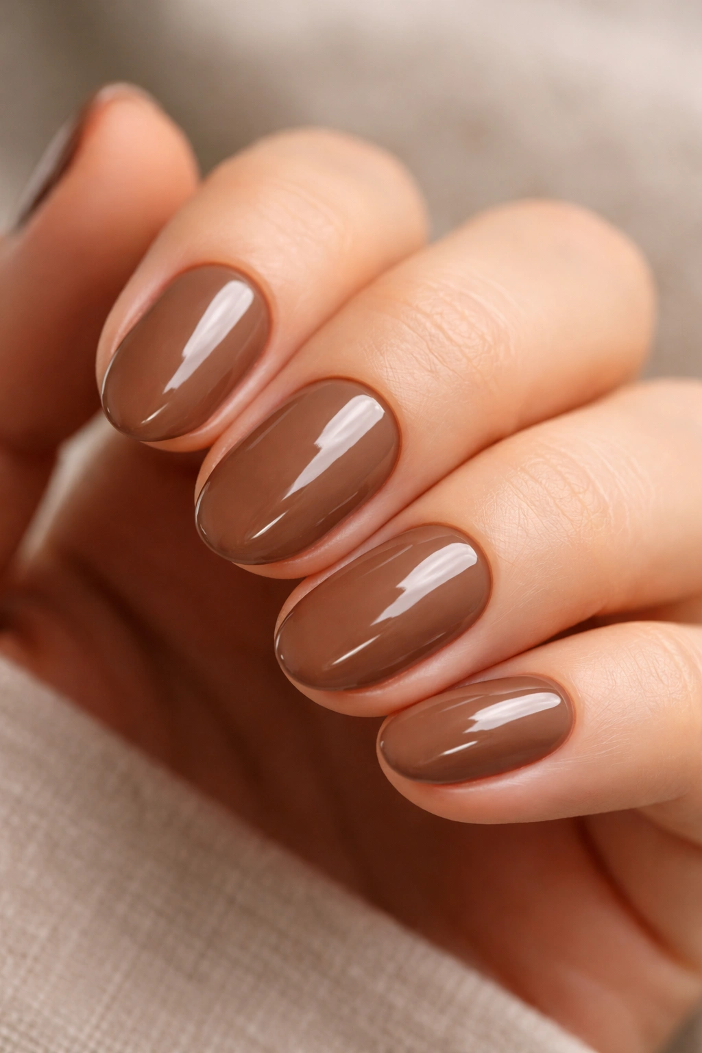 Close-up of cocoa brown short oval builder gel nails with creamy glossy finish on a hand