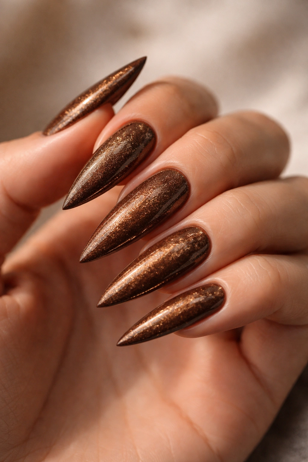 Cocoa brown stiletto nails with shimmer top coat close-up