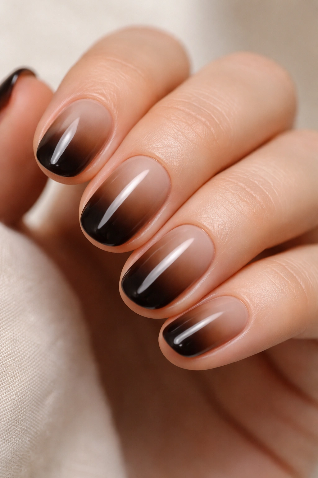 Close-up of short oval nails with cocoa brown to espresso gradient on a neutral background