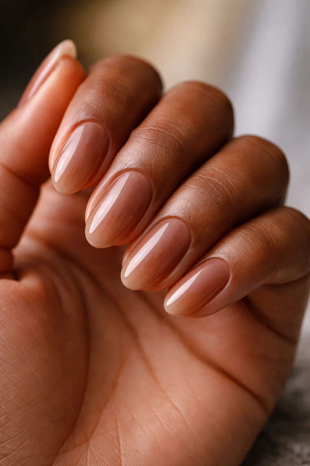 Almond nails with sheer cocoa glaze in warm brown tones
