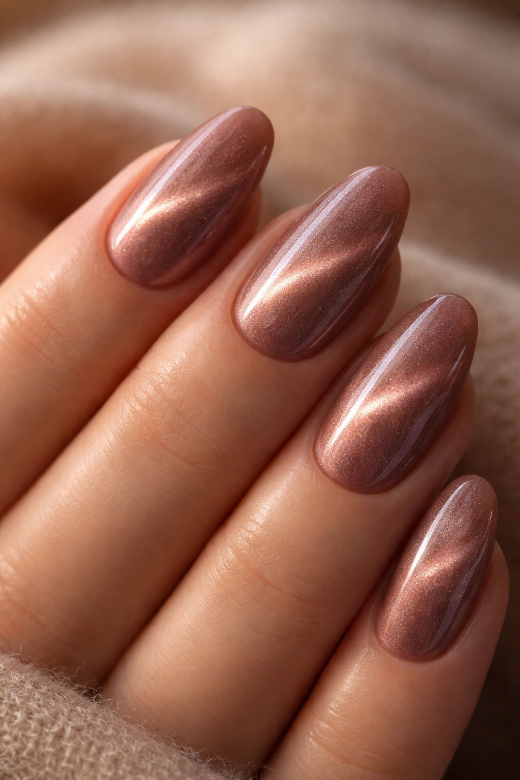 Close-up of short almond nails in cocoa rose with cat eye shimmer