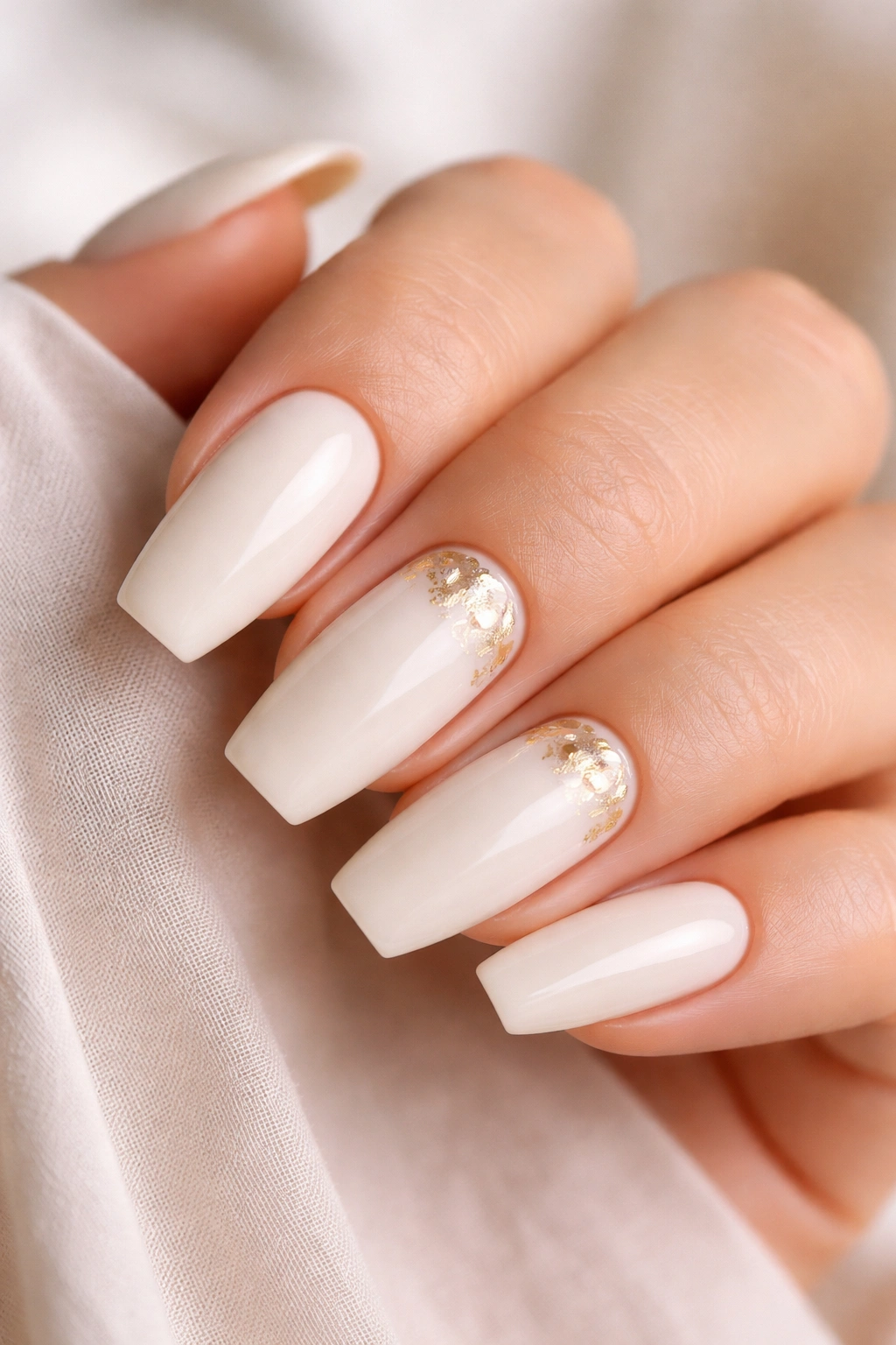 Close-up of coconut milk and gold foil nails on a hand