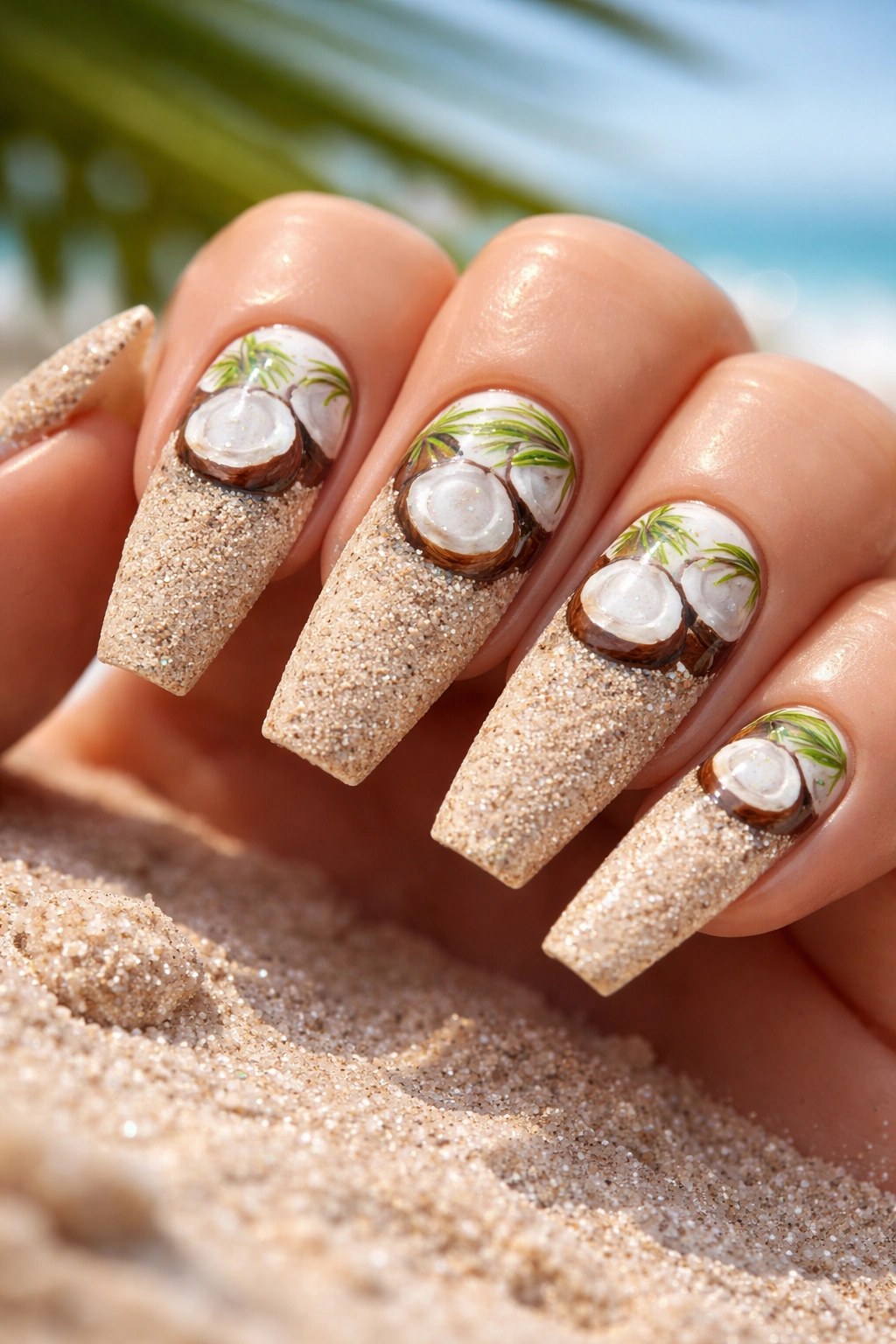Close-up of coffin nails with sand texture and coconut halves on nude base.