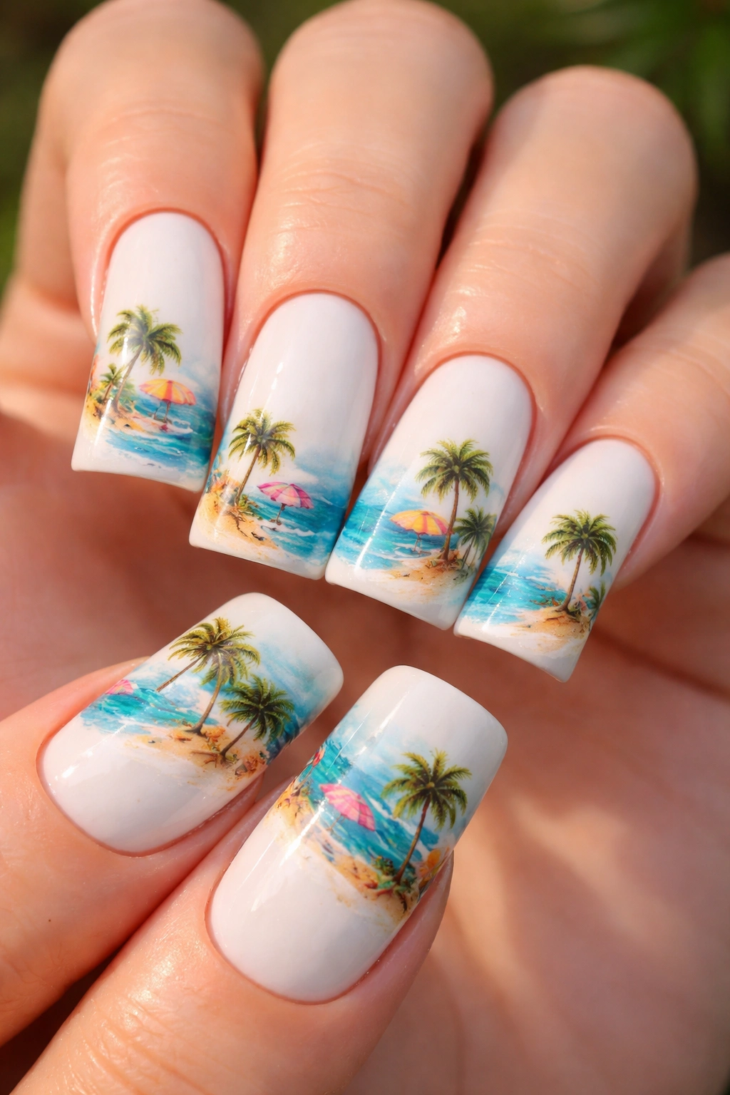 Duck nails with coconut white base and tiny beach scene