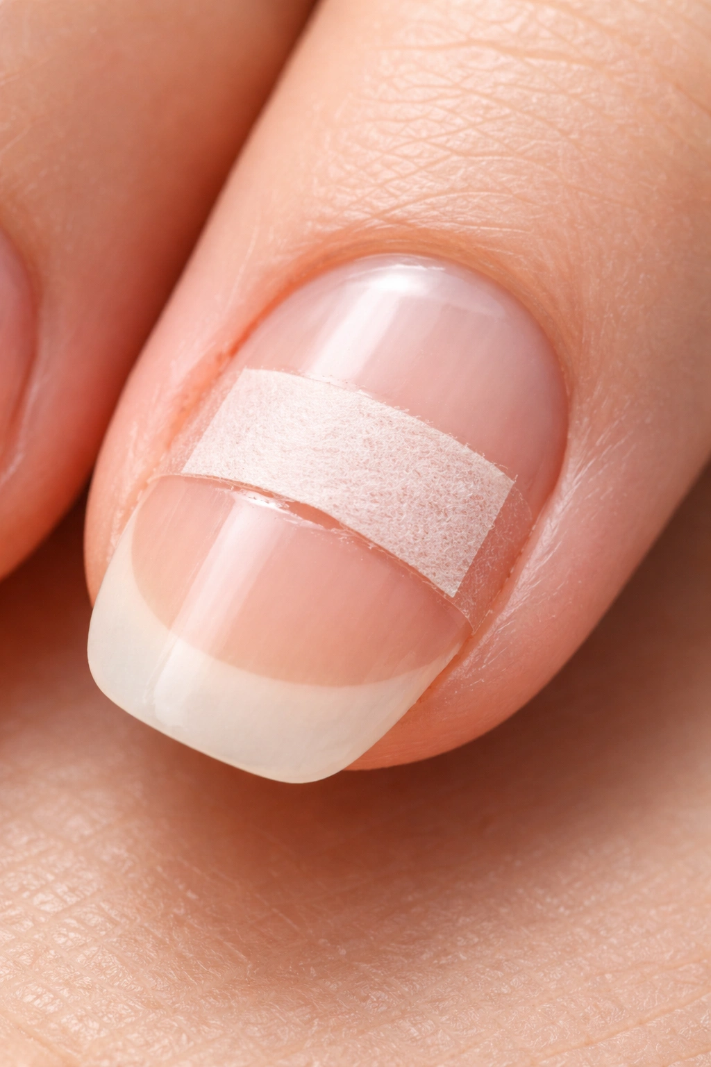 Close-up of a fingernail with a coffee filter patch applied over a break