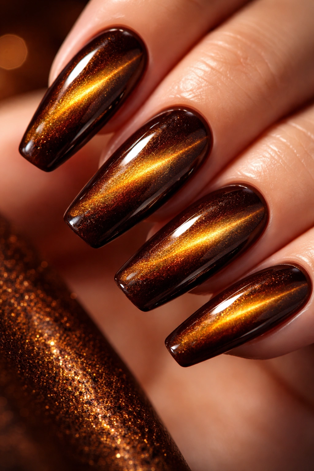 Macro close-up of espresso brown nails with amber cat eye shimmer