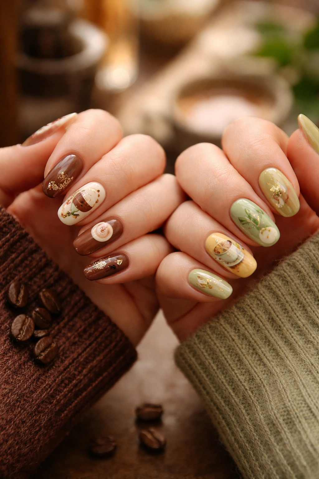 Nails featuring coffee beans latte art and tea leaves motifs in coordinated colors