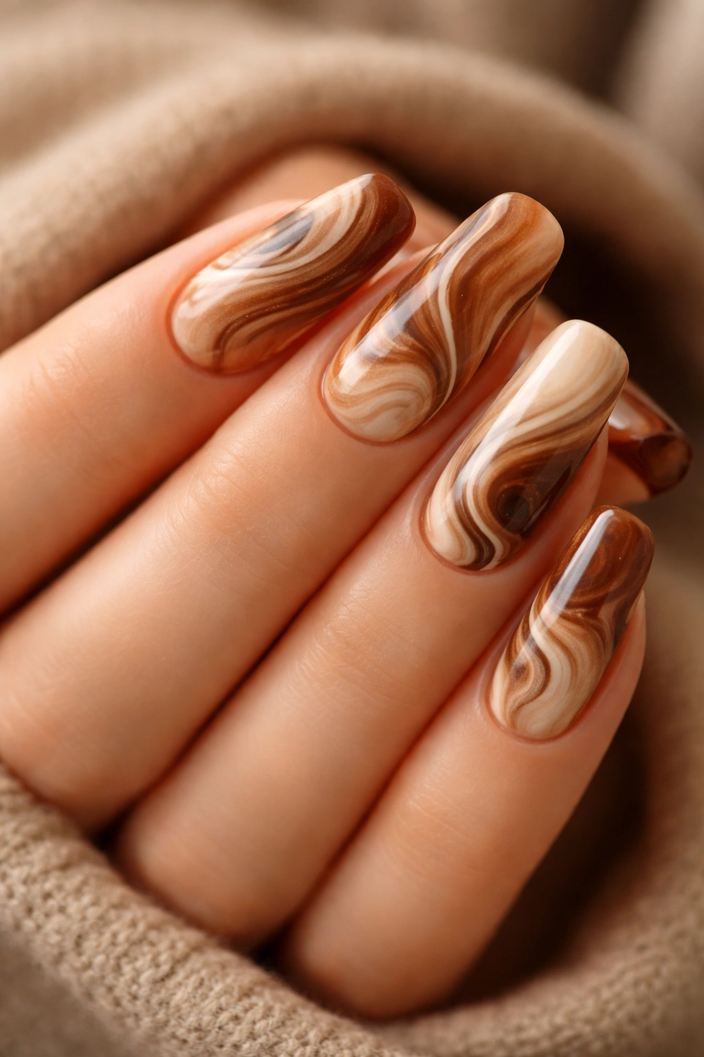 Close-up of nails with beige, cream, and brown coffee swirl art.