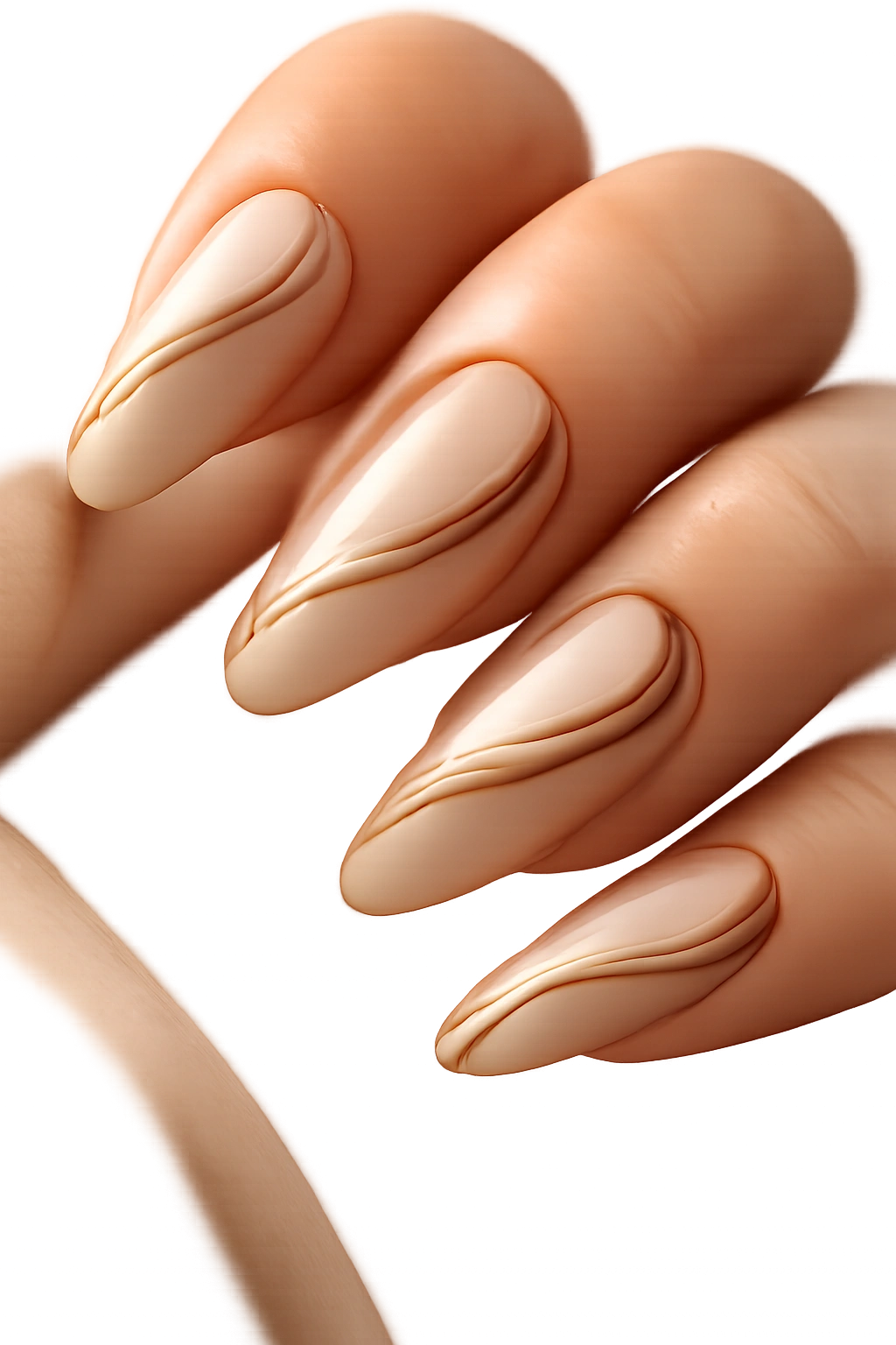 Close-up of almond-milk beige nails with brown coffee swirl lines following the nail shape