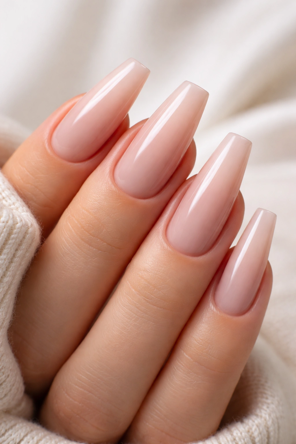 Close-up of coffin/ballerina nails with straight sides and tapered tips