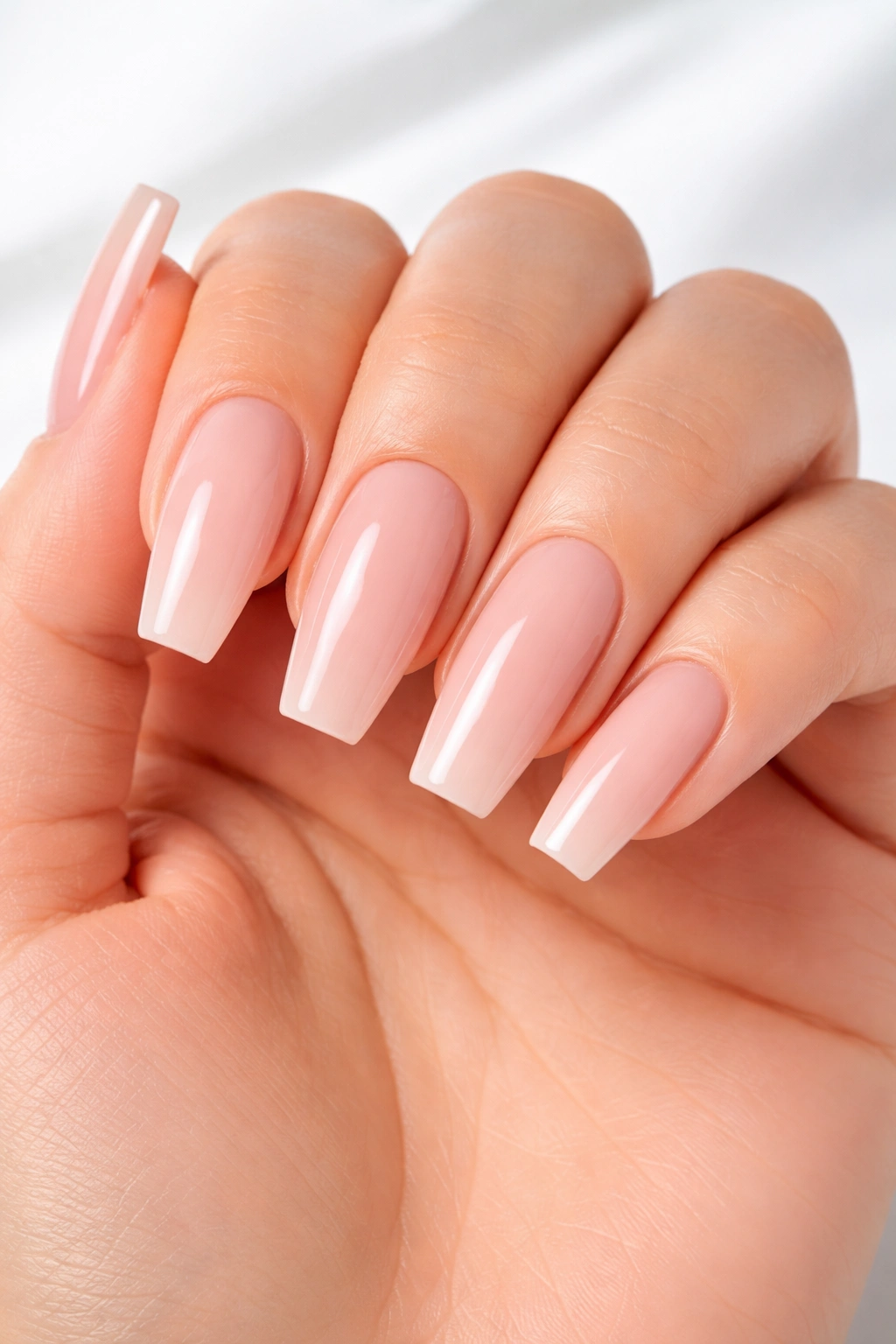 Close-up of hand with coffin nails featuring straight parallel sides and flat top