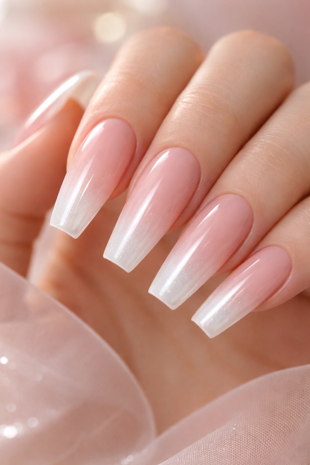 Close-up of coffin nails with blush pink base and pearl ombre tips