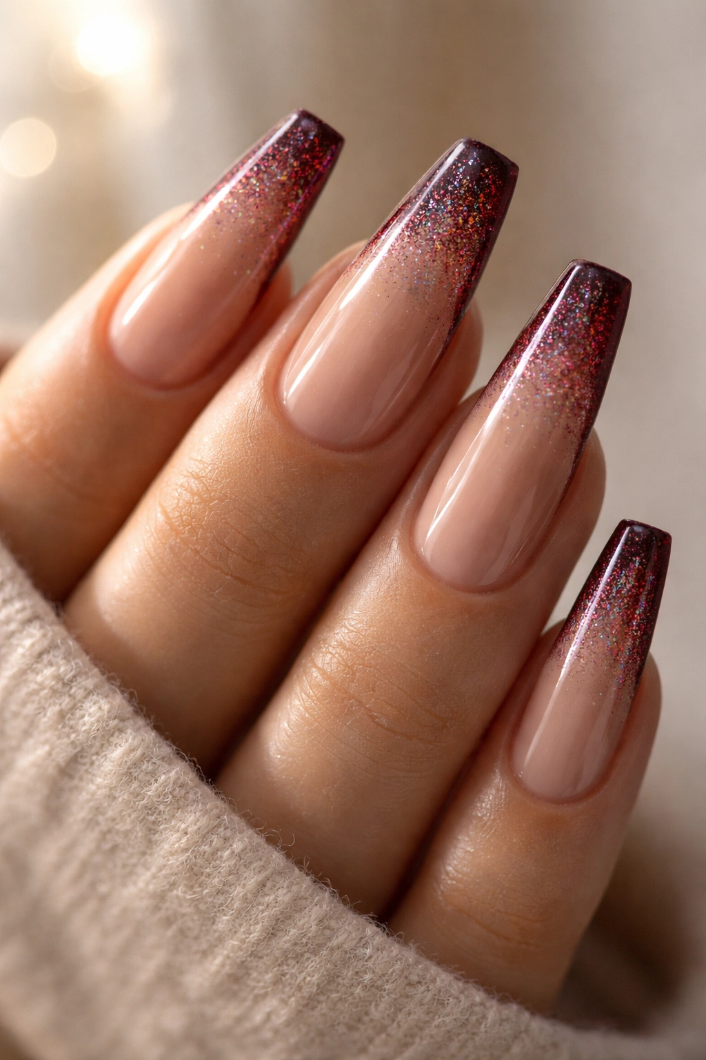 Close-up coffin nails with dark red tips and holographic dust, ultra-detailed manicure