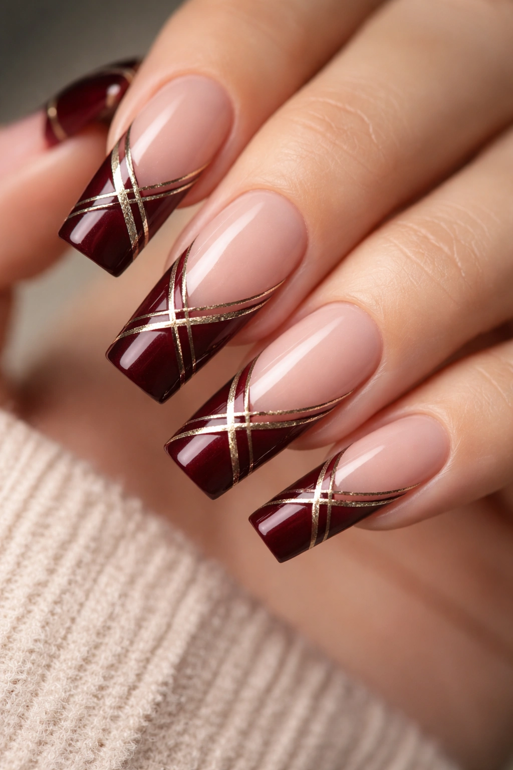 Coffin nails burgundy tips with thin metallic stripes