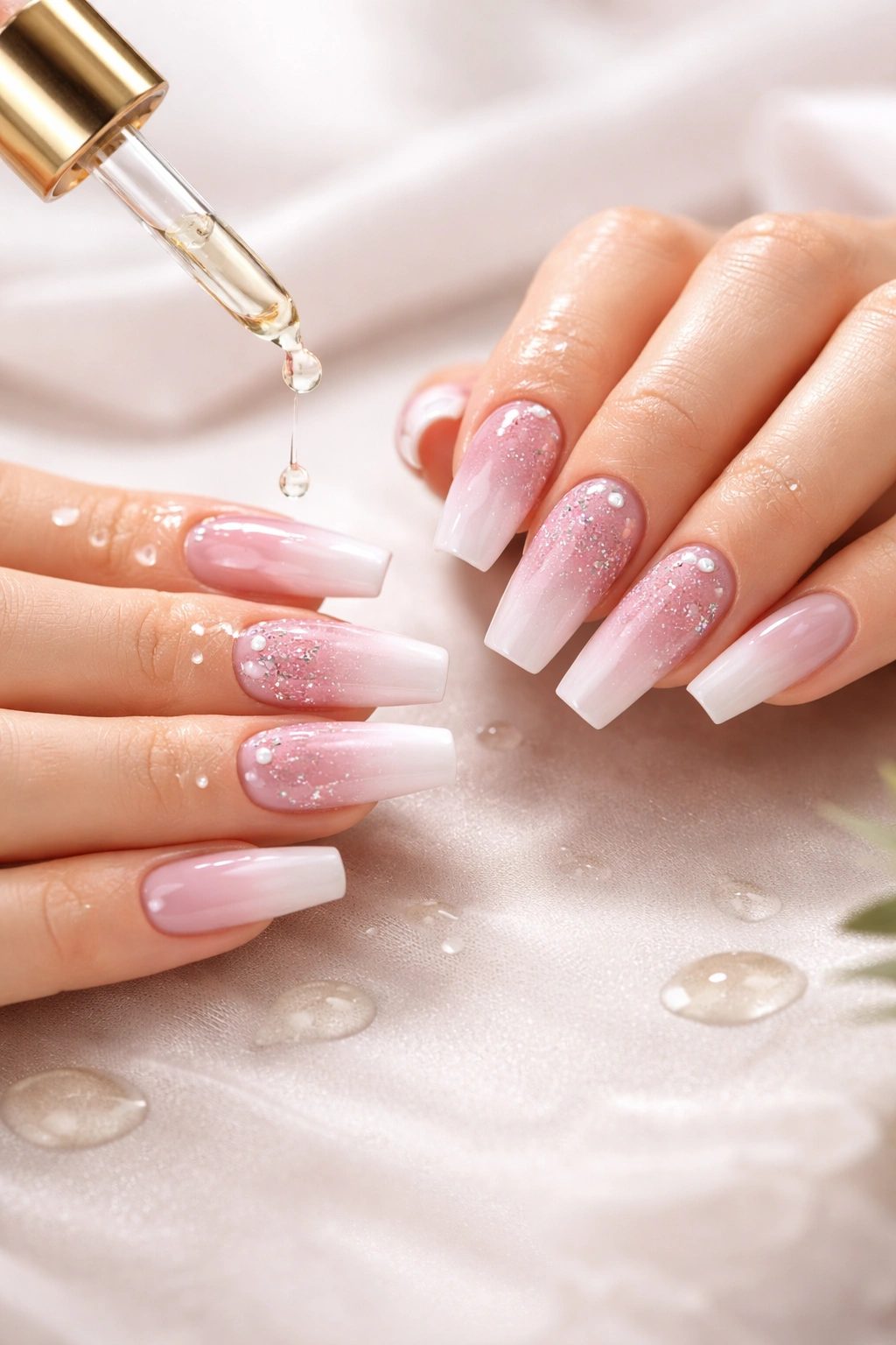 Close-up of hands with glossy coffin nails and cuticle oil droplets