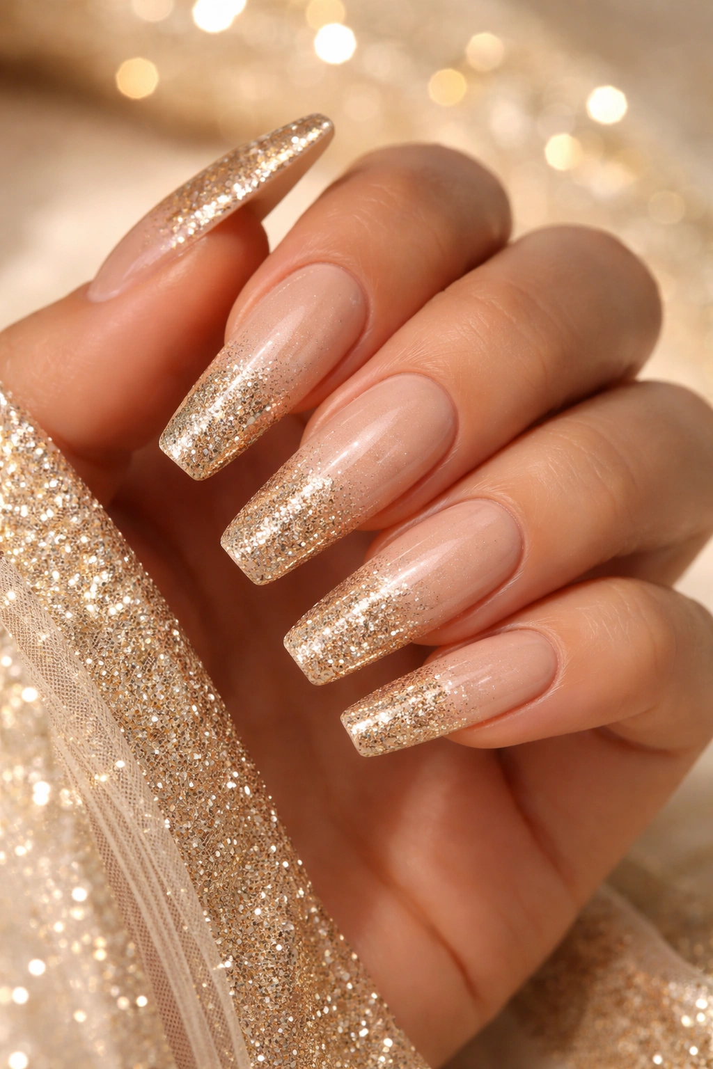 Close-up of coffin nails with champagne gold base and glitter gradient