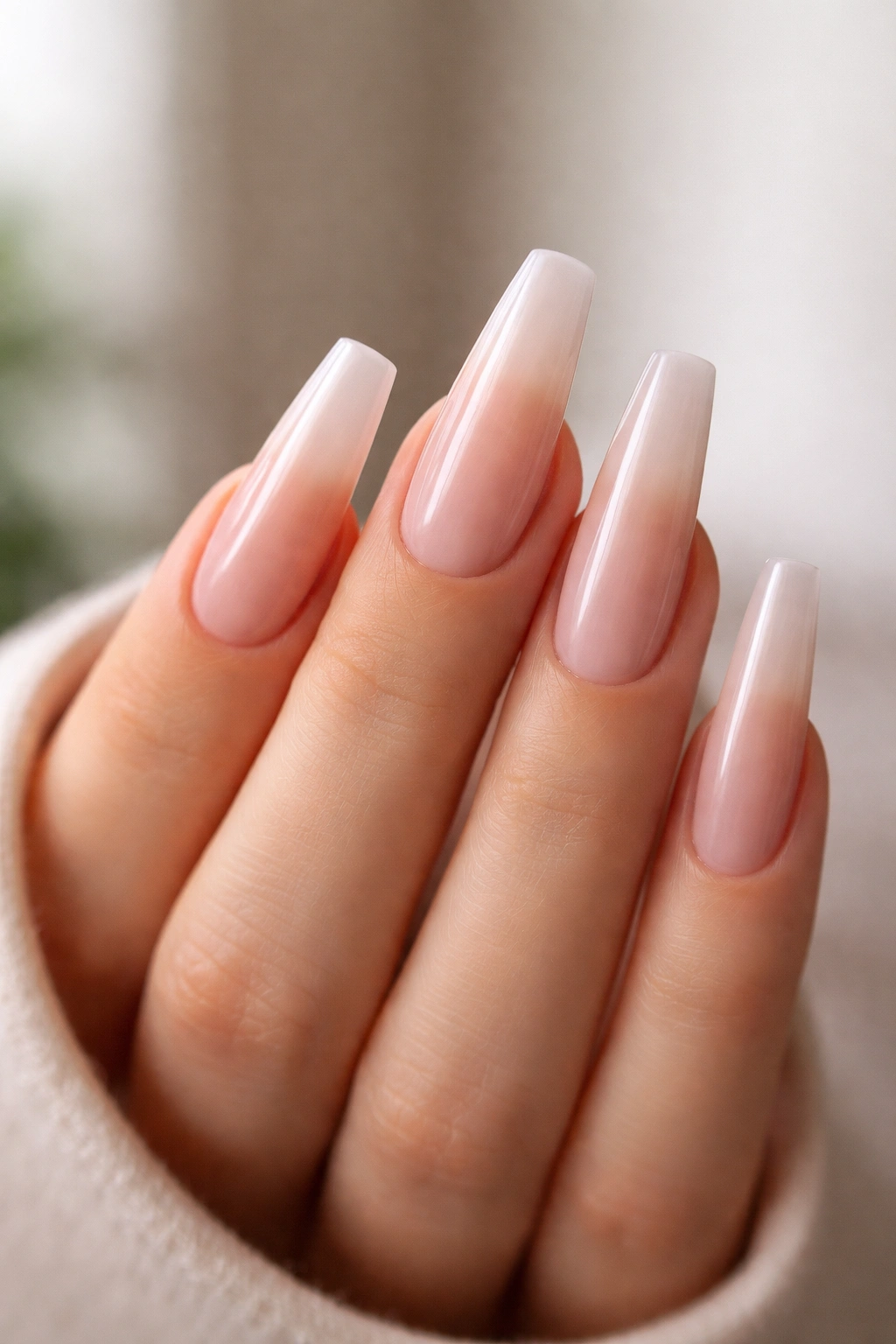 Bare hand with long coffin nails displaying a chip-free, smooth surface.