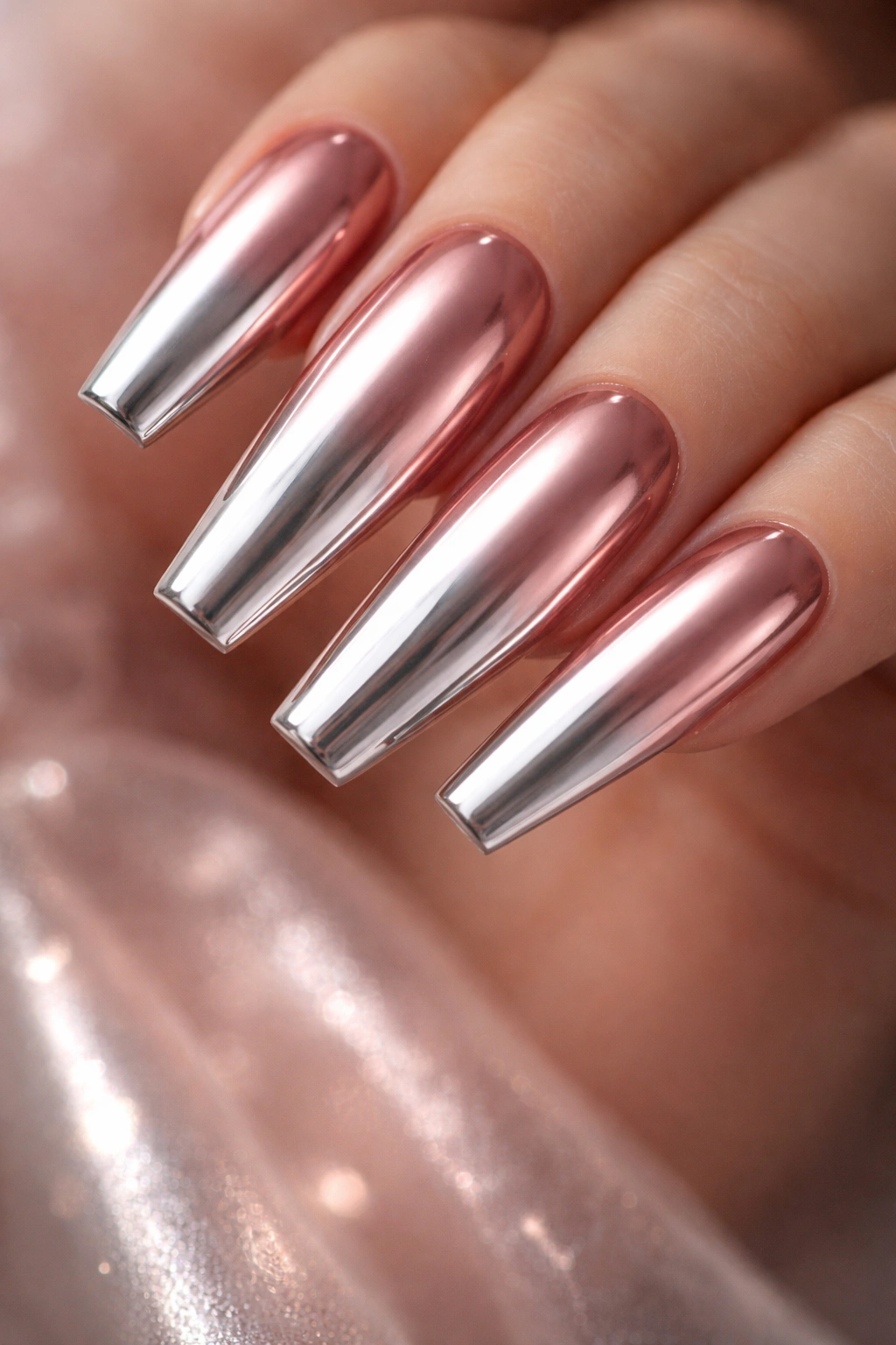 Close-up of chrome coffin nails with rose gold to silver gradient