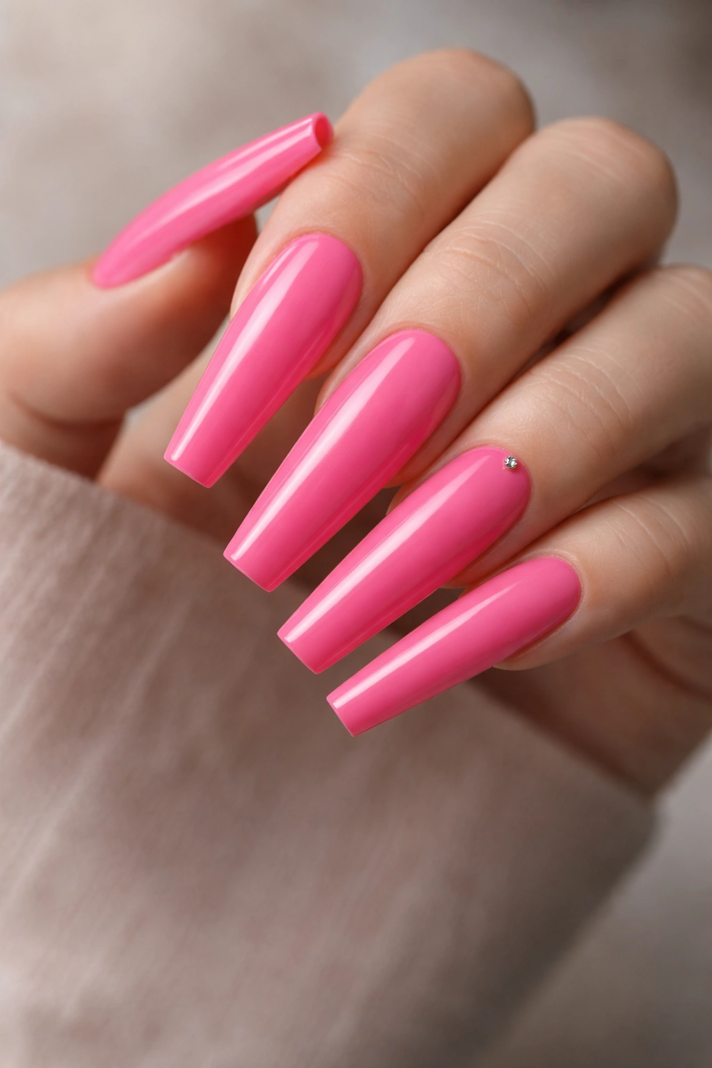 Close-up of long coffin nails in a single bold color with a smooth glossy finish.