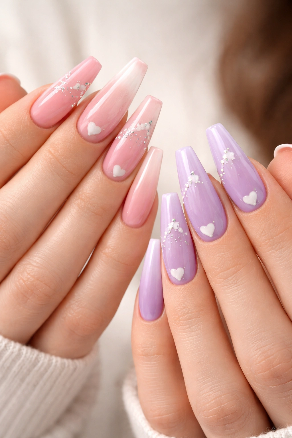 Close-up of two hands with matching coffin nails in coordinated pastel colors