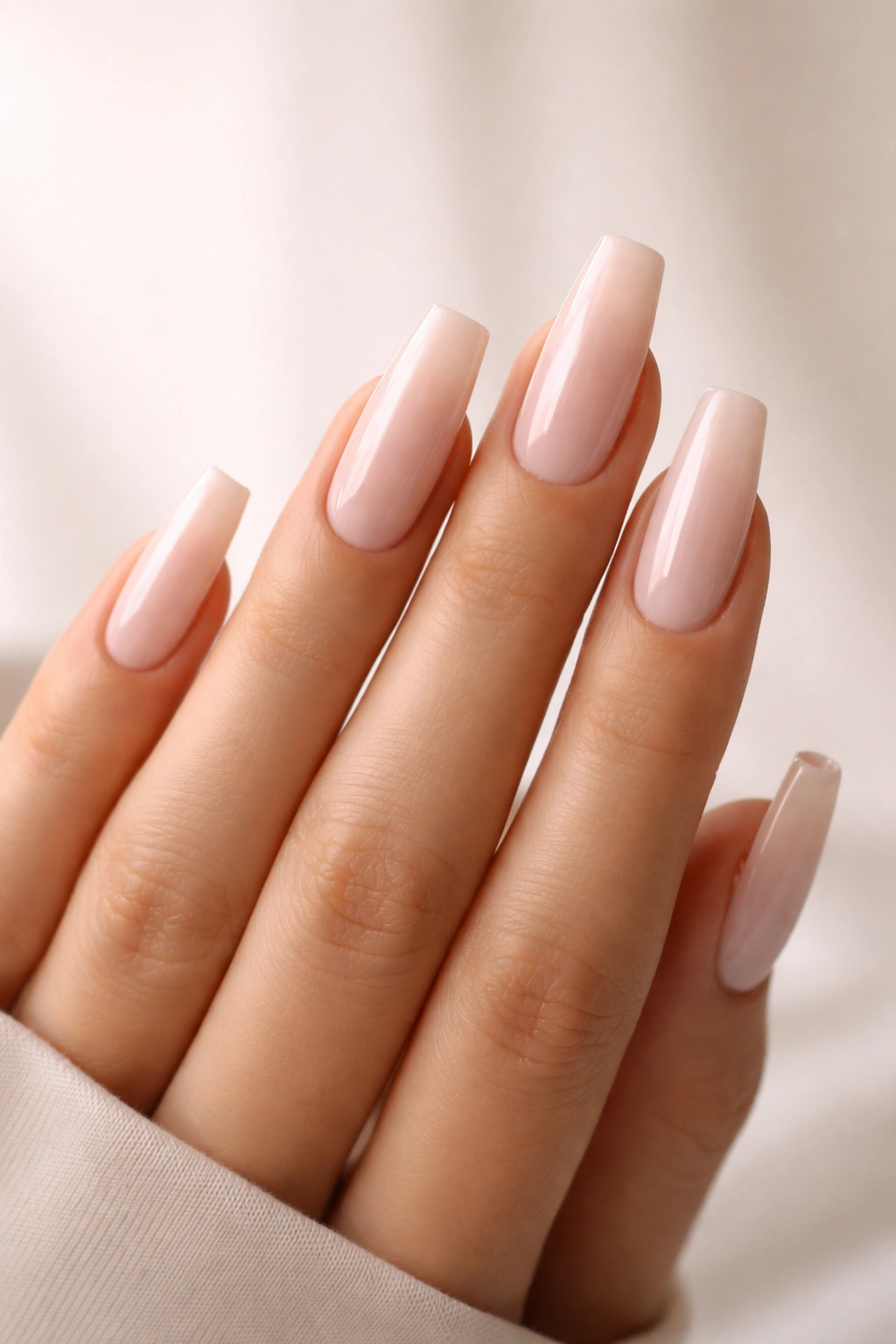 Close-up of coffin nails with flat squared tips on a hand