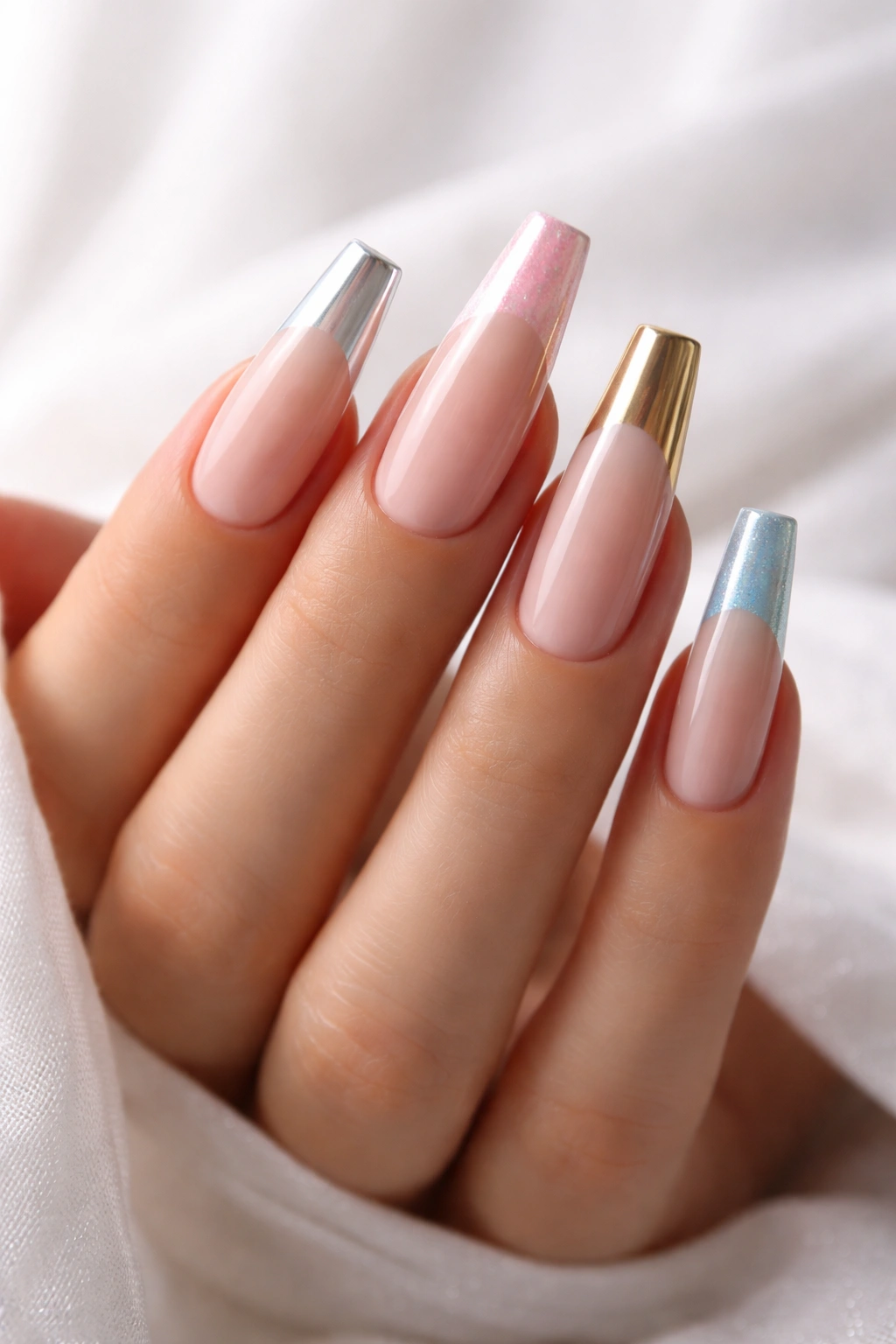 Coffin nails with reinvented French tips on a bare hand
