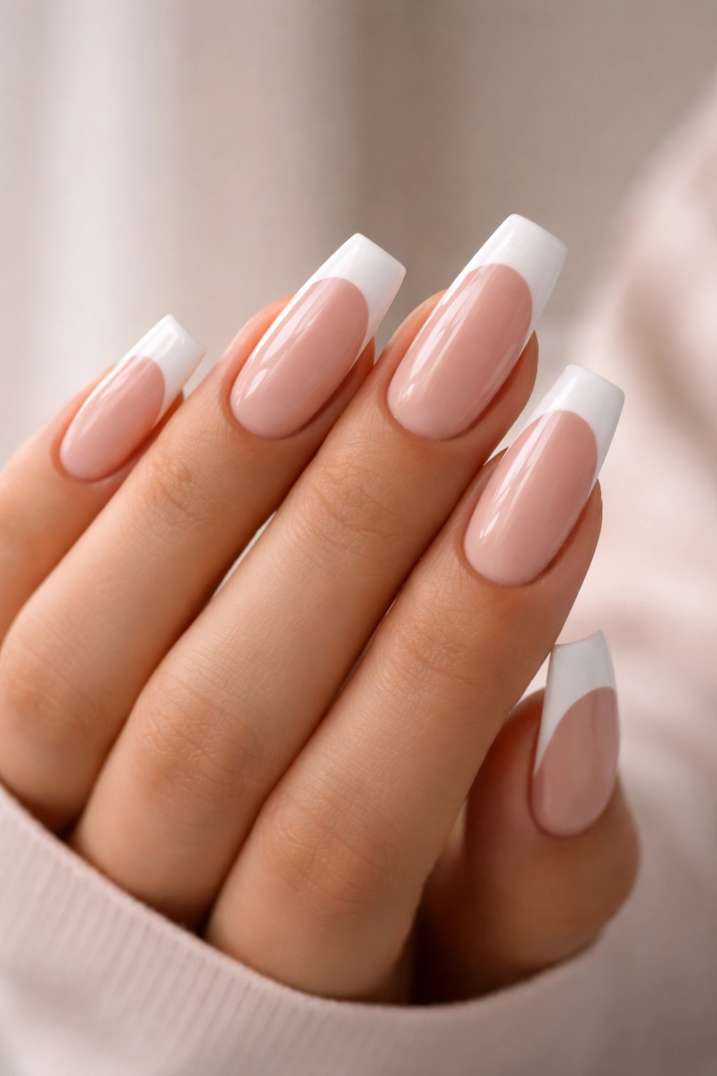 Close-up of medium coffin nails with nude base and crisp white French tips