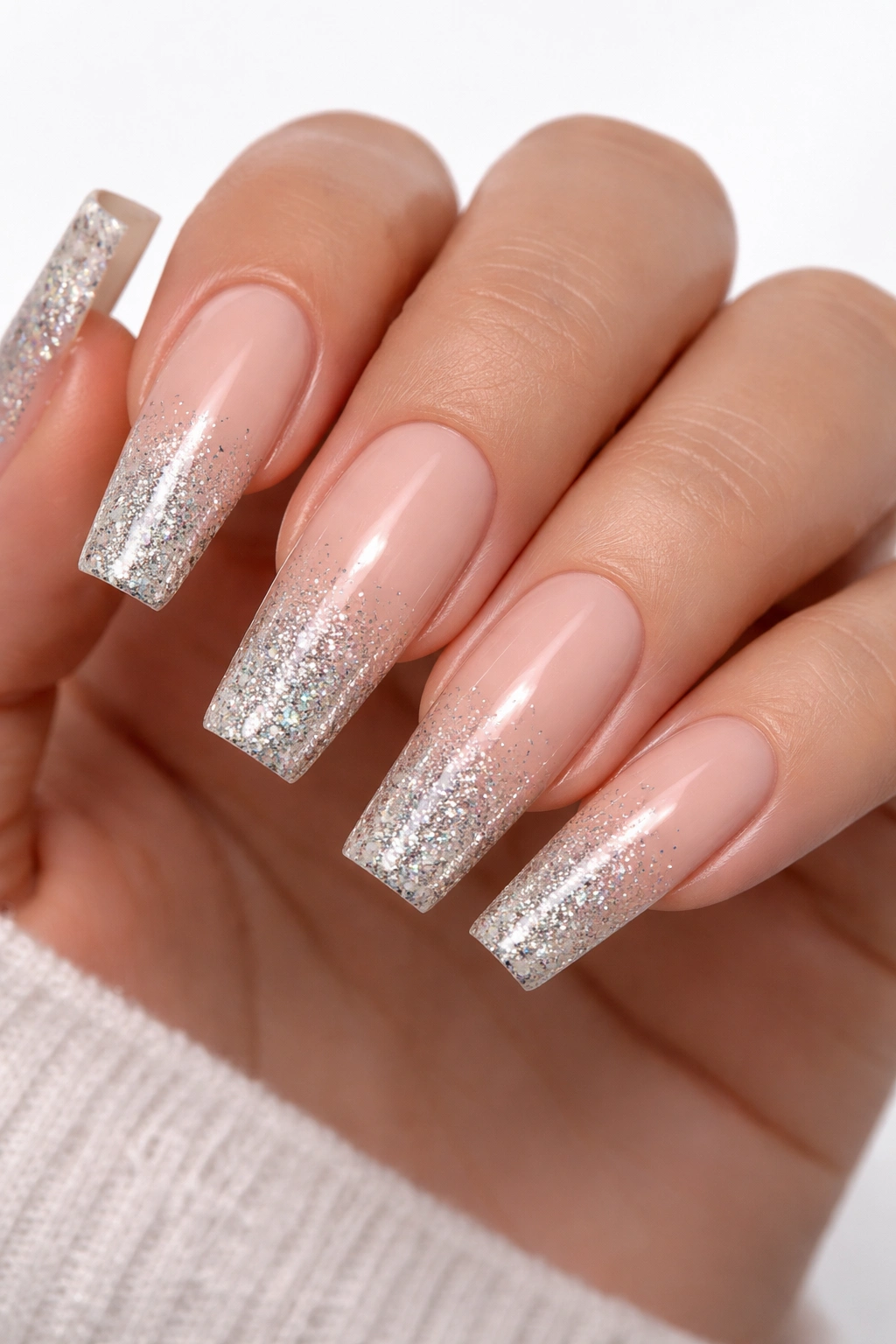 Long square coffin nails with glitter gradient at tips