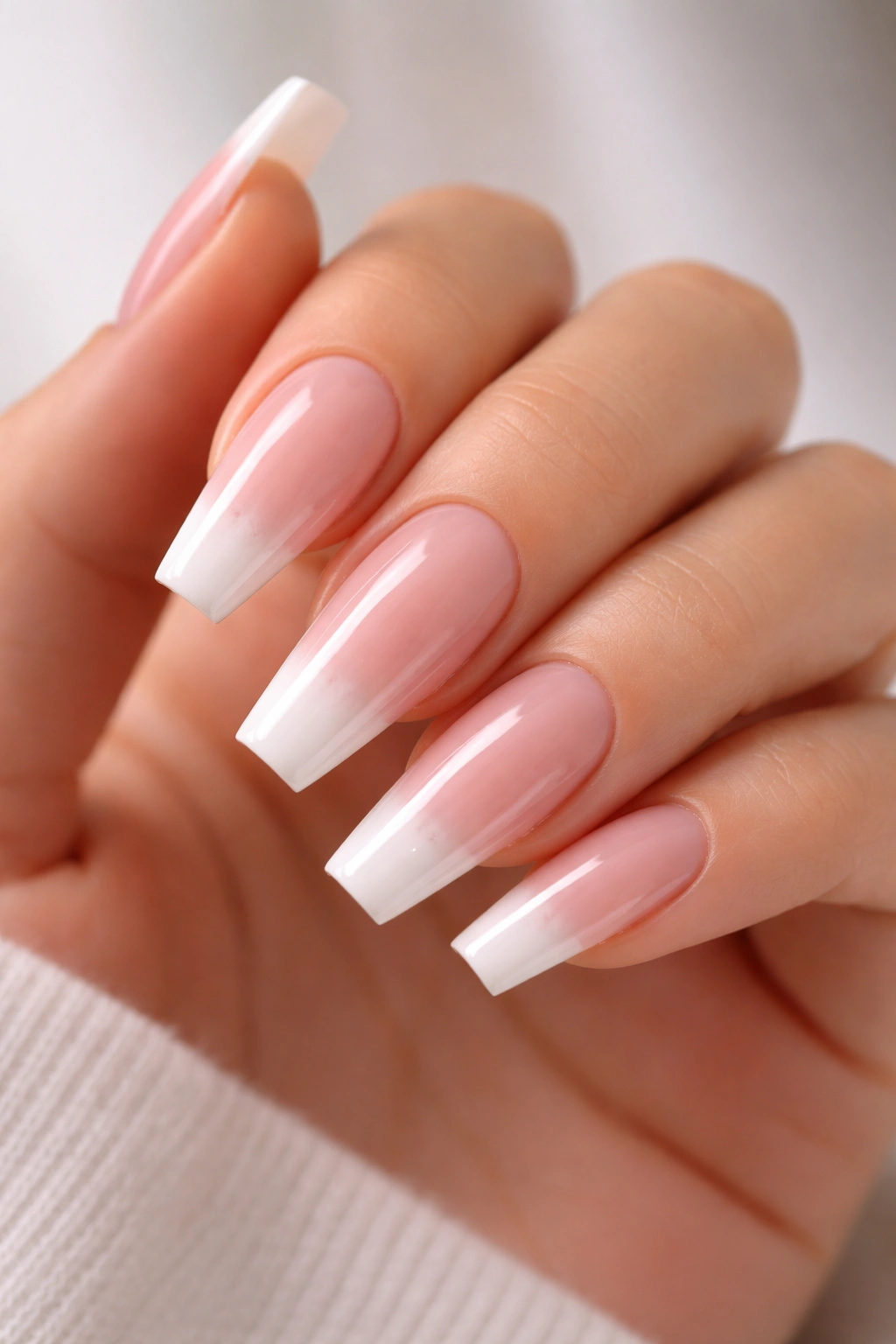 Close-up of coffin nails with soft gradient white tips on nude base.