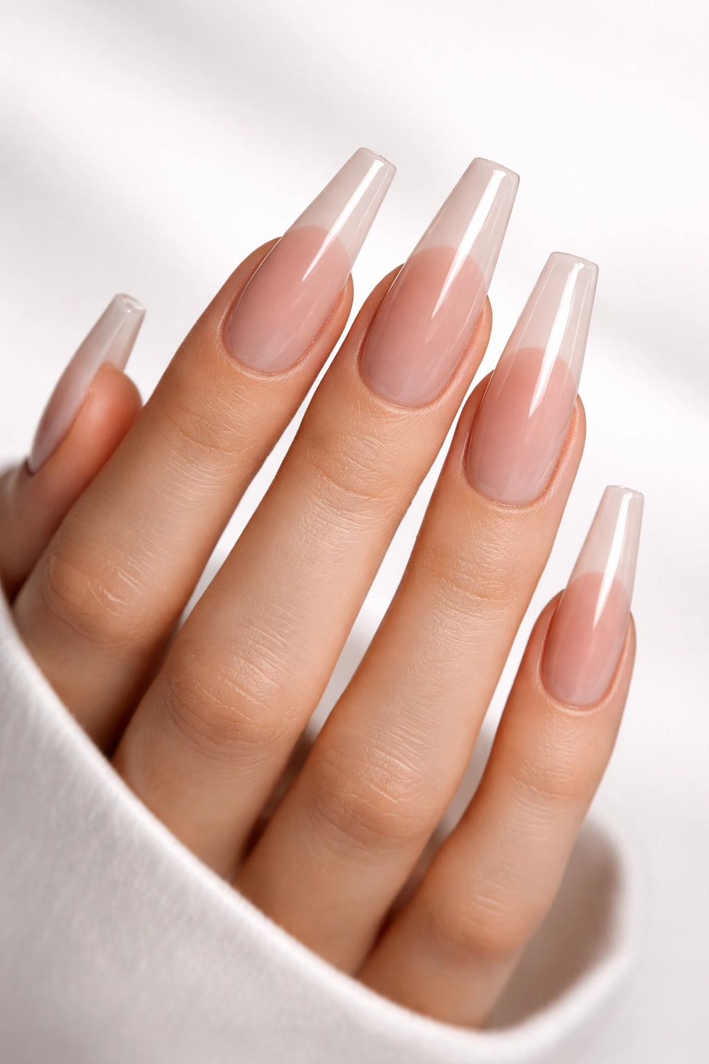Close-up of long fingers with coffin nails on a neutral background