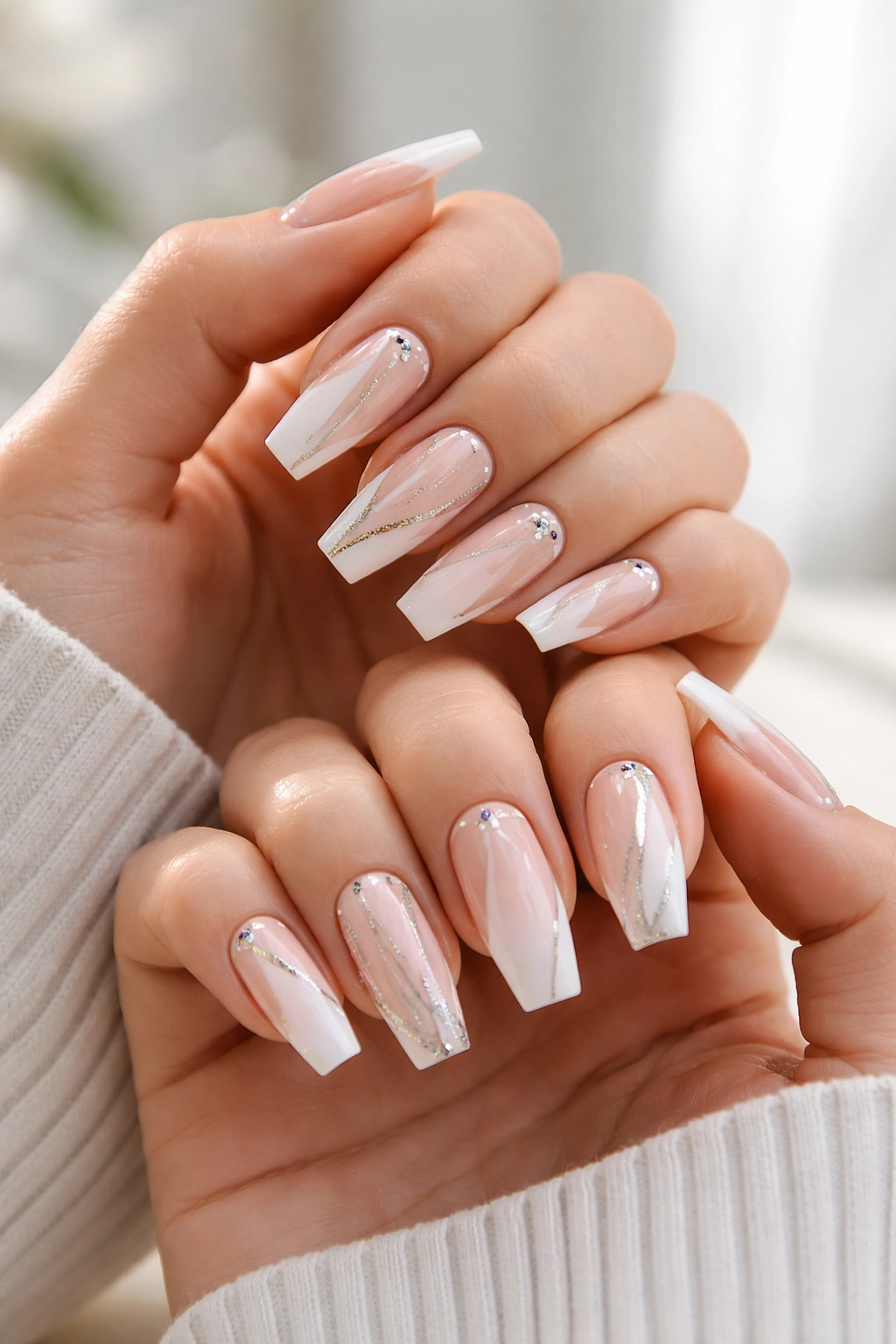 Close-up of two hands with matching coffin nails on a neutral surface