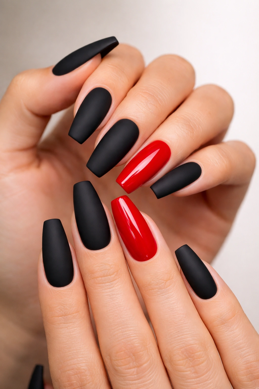 Close-up coffin nails with matte black base and glossy red accent on bright hand
