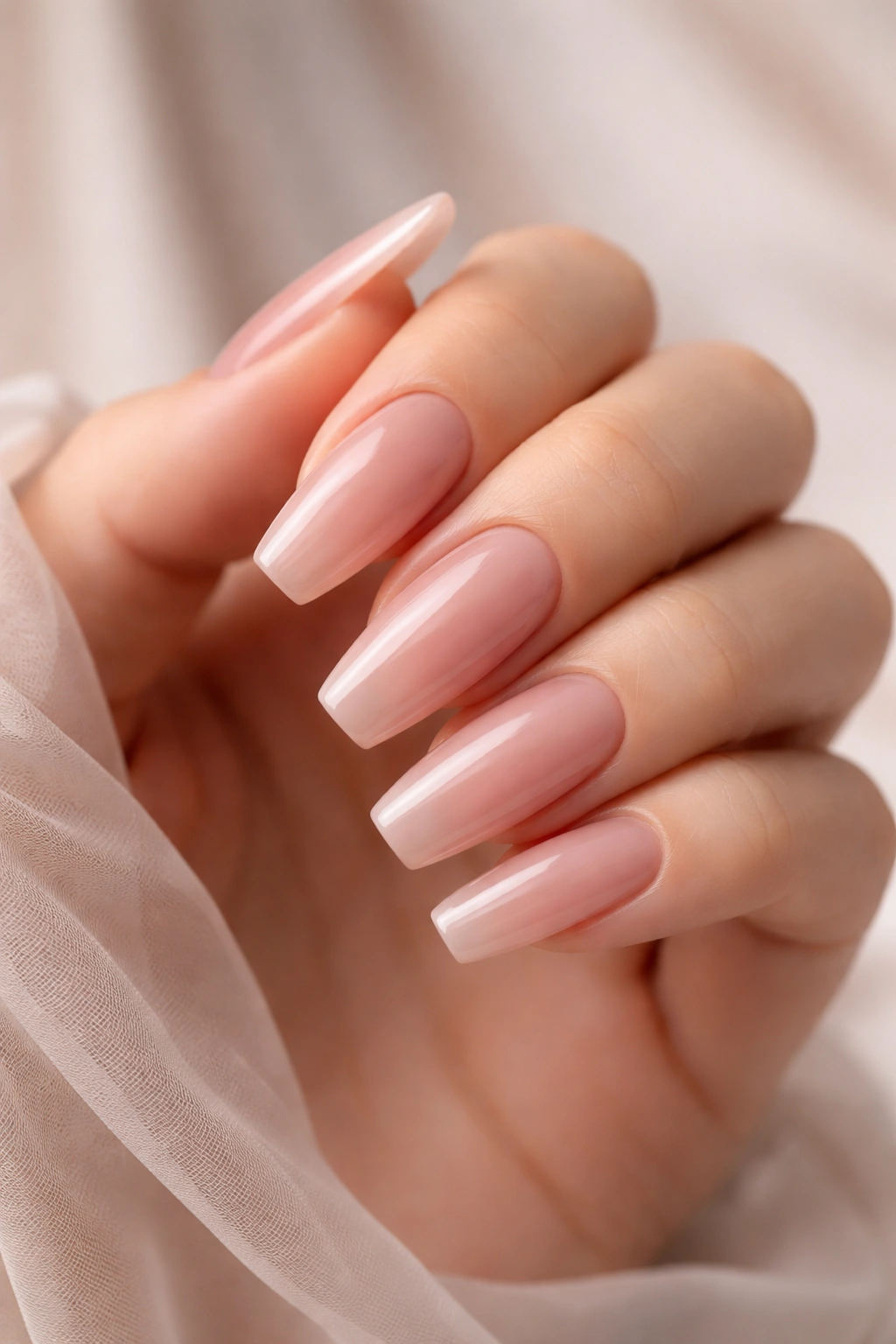 Close-up of a hand with medium-length coffin nails in nude-pink glossy polish