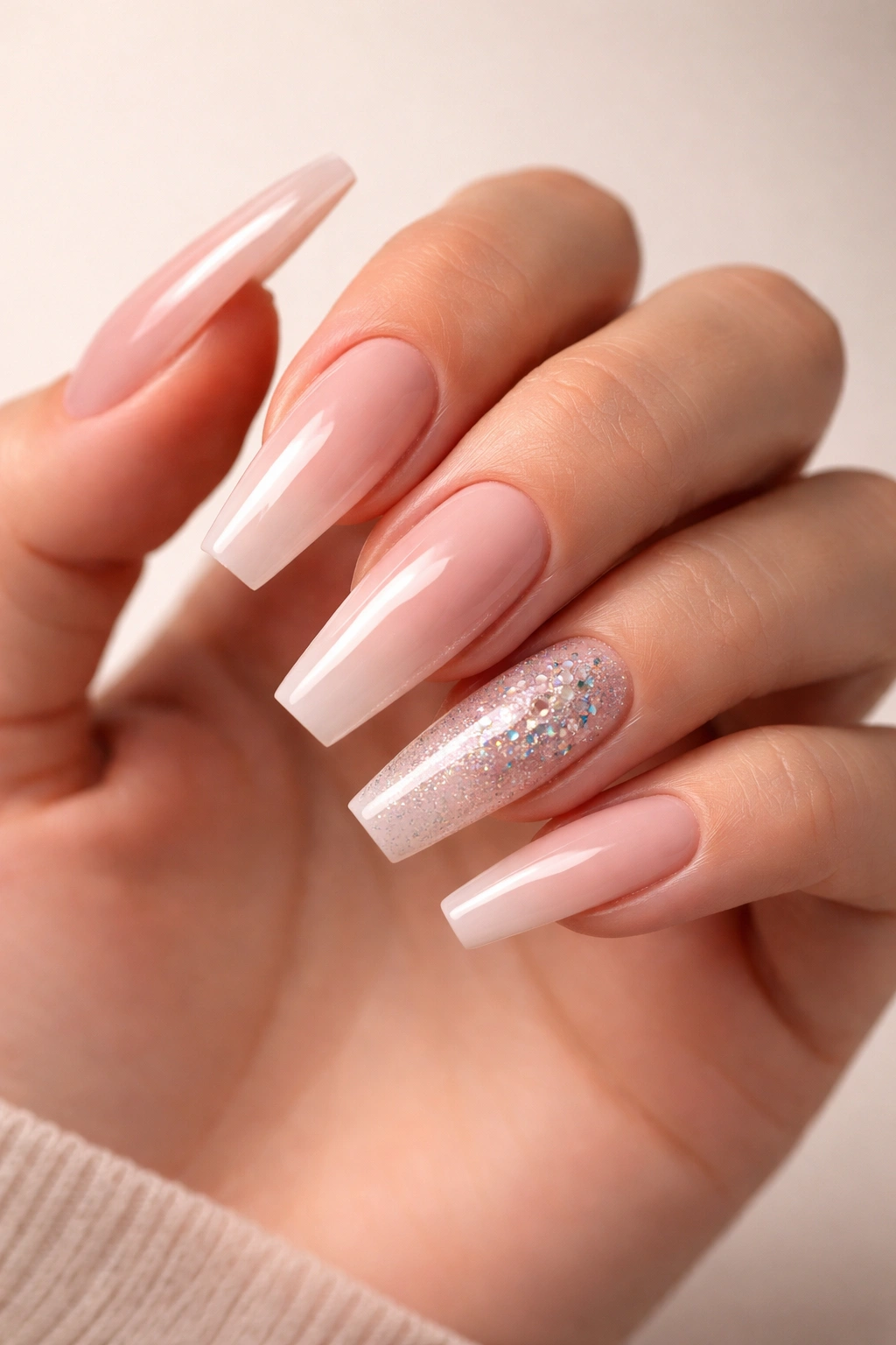 Close-up of a hand showing coffin-shaped nude acrylic nails on a plain background
