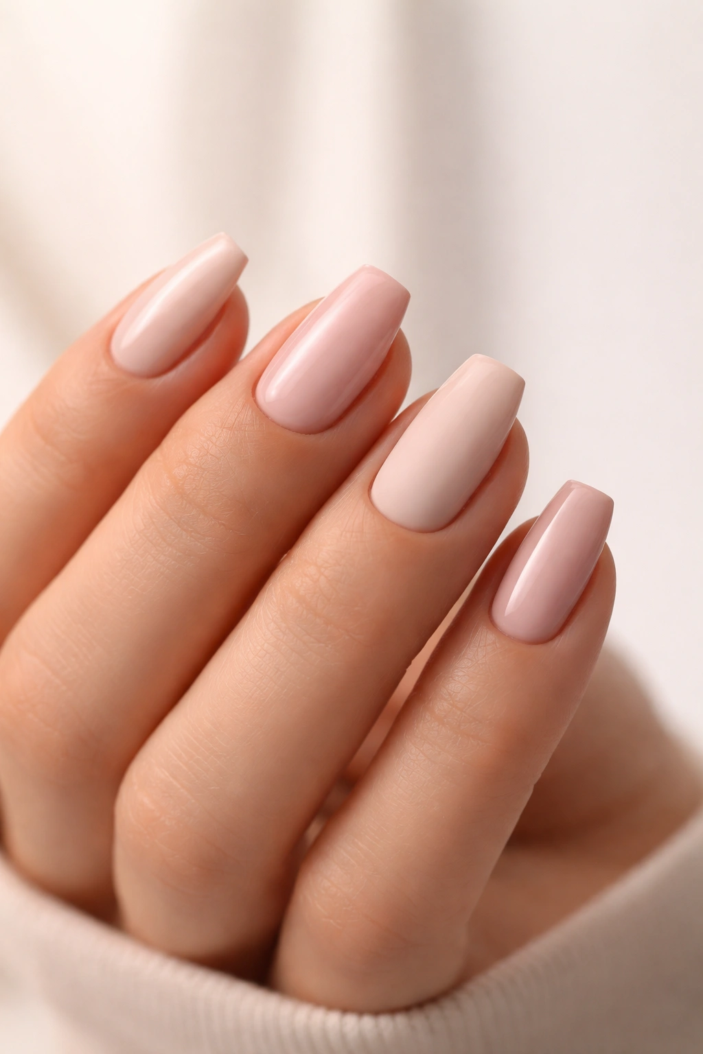 Close-up of short coffin nails in a minimalist setting